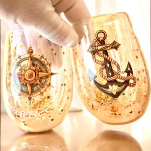 "Nautical Dreams" glas med dubbla väggar och guldflingor - set om 2 st., 300 ml kapacitet, möjlighet till personlig gravyr
