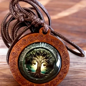 Amulett Liv "Förfäders Träd" - Handgjord Halsband av Trä och Glas, möjlighet till personlig gravyr som present